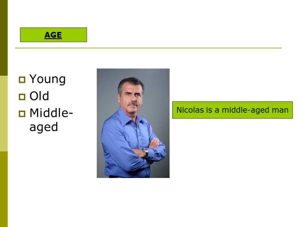 Young Old Middle-aged Nicolas is a middle-aged man AGE